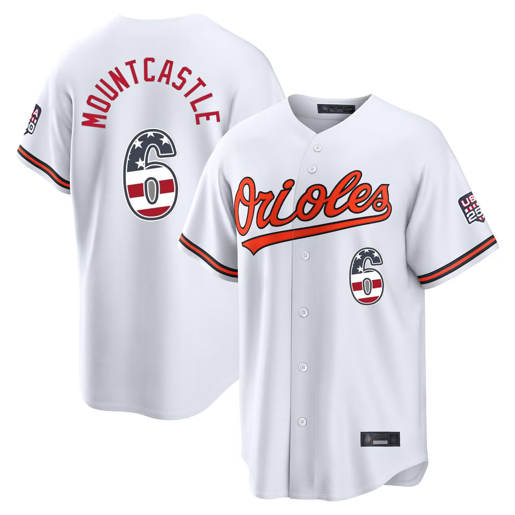 Baltimore Orioles #6 Ryan Mountcastle Player White Fedasgoge USA 250 Fourth of July Home Game Stitched Jerseys
