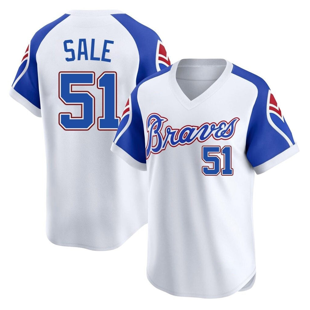 Atlanta Braves #51 Chris Sale Player White Fedasgoge Throwback Cooperstown Collection T-shirt Game Stitched Jerseys