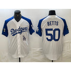 Los Angeles Dodgers #50 Mookie Betts White Fedasgoge Blue Fashion Stitched Cool Base Limited Jersey 2