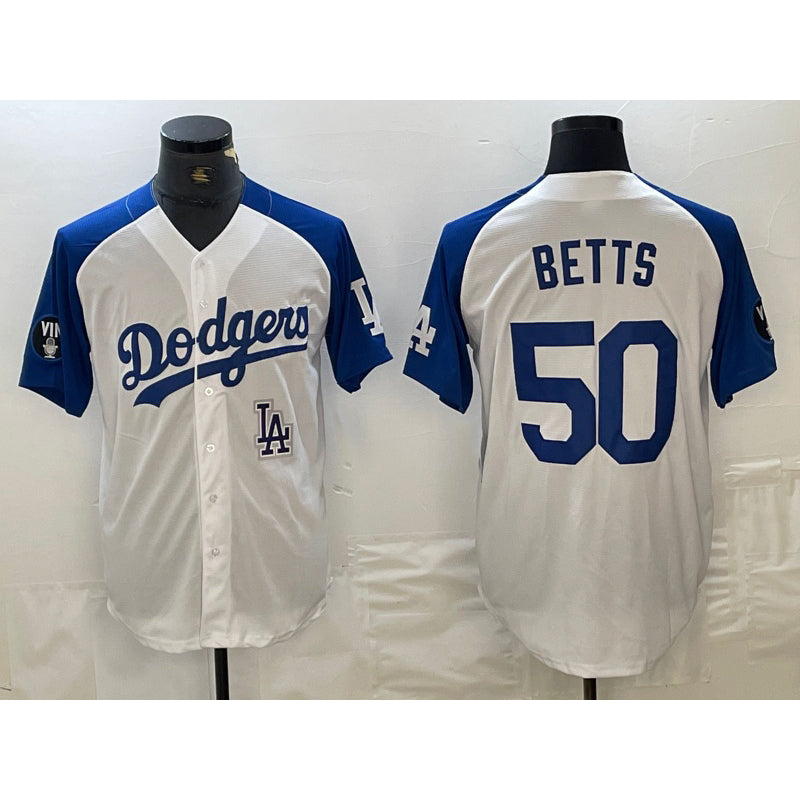 Los Angeles Dodgers #50 Mookie Betts White Fedasgoge Blue Fashion Stitched Cool Base Limited Jersey 2