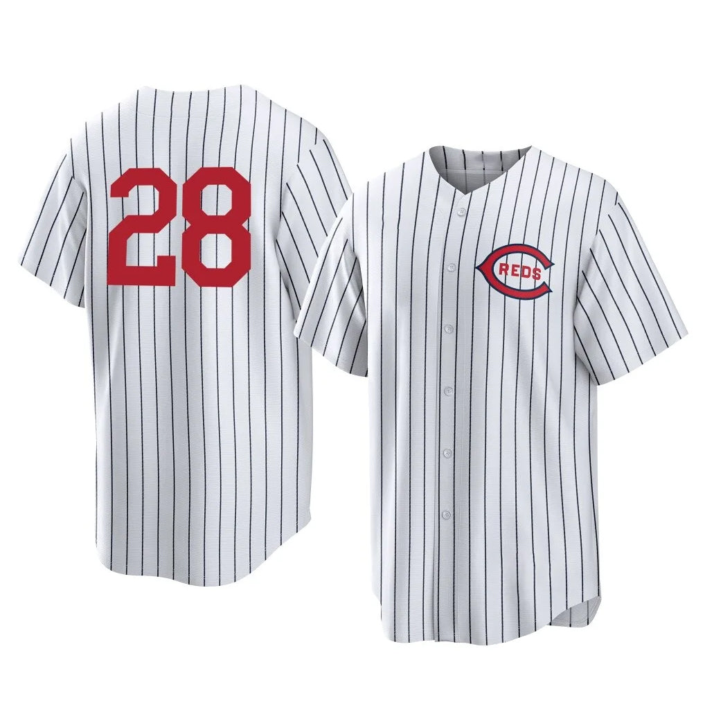 Cincinnati Reds #28 Eugenio Su¨¢rez Player White Fedasgoge Stripe Field of Dreams Game Home Stitched Jerseys