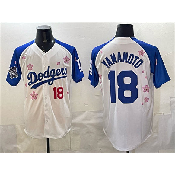 Los Angeles Dodgers #18 Yoshinobu Yamamoto White Royal Fedasgoge 2025 World Series Champions Patch Tokyo Series Limited Stitched Jersey