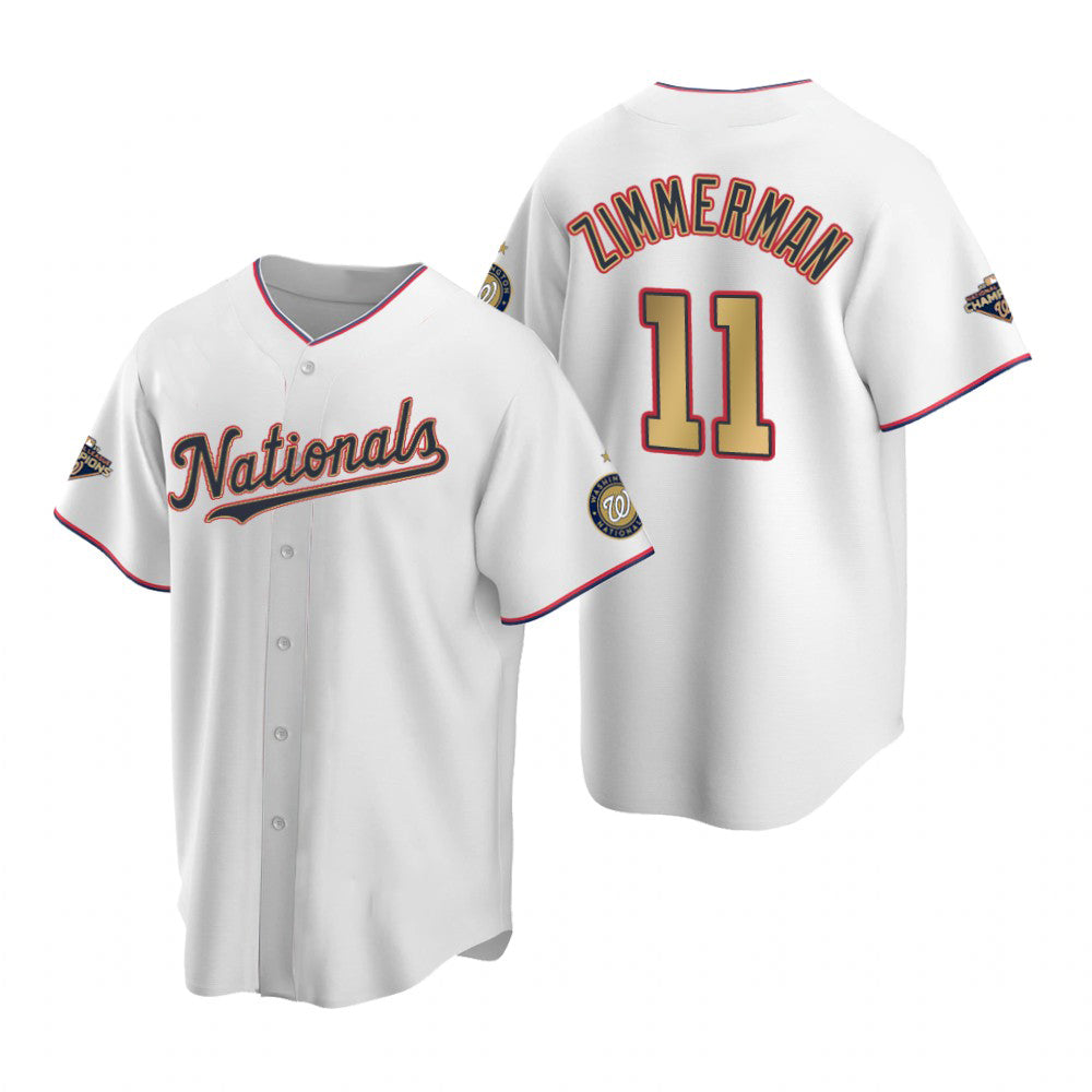 Washington Nationals #11 Ryan Zimmerman White Gold Fedasgoge 2019 World Series Champions Stitched Cool Base Jersey