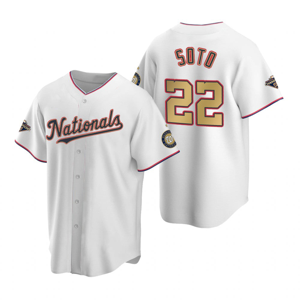 Washington Nationals #22 Juan Soto White Gold Fedasgoge 2019 World Series Champions Stitched Cool Base Jersey