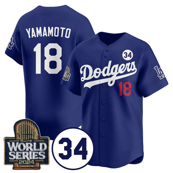 Los Angeles Dodgers #18 Yoshinobu Yamamoto Royal Fedasgoge 2024 World Series With No. 34 Patch Cool Base Stitched Jersey