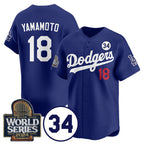 Los Angeles Dodgers #18 Yoshinobu Yamamoto Royal Fedasgoge 2024 World Series With No. 34 Patch Cool Base Stitched Jersey
