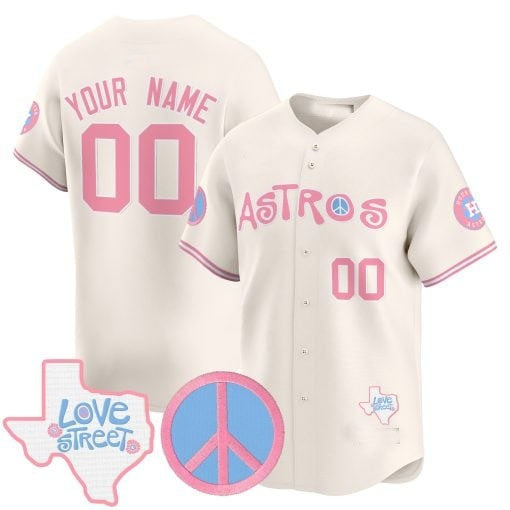 Custom Houston Astros  Love Street & Peace Sign Patch Bubblegum Pink Vapor Premier Limited Jersey ¨C All Stitched-Cream Fedasgoge