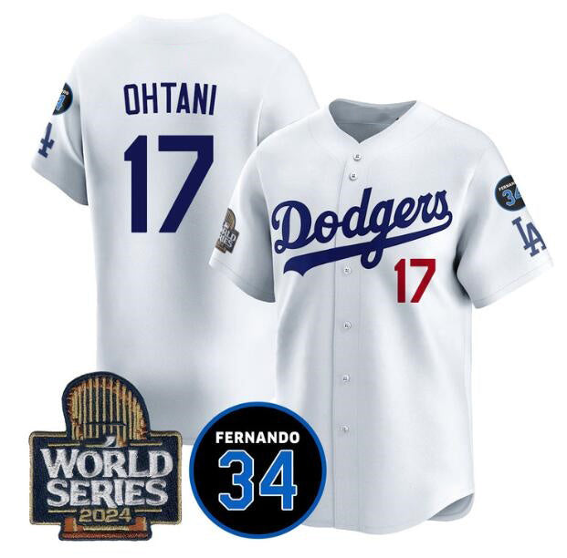 Los Angeles Dodgers #17 Shohei Ohtani White Fedasgoge 2024 World Series With Fernando Memorial Patch Limited Stitched Jersey