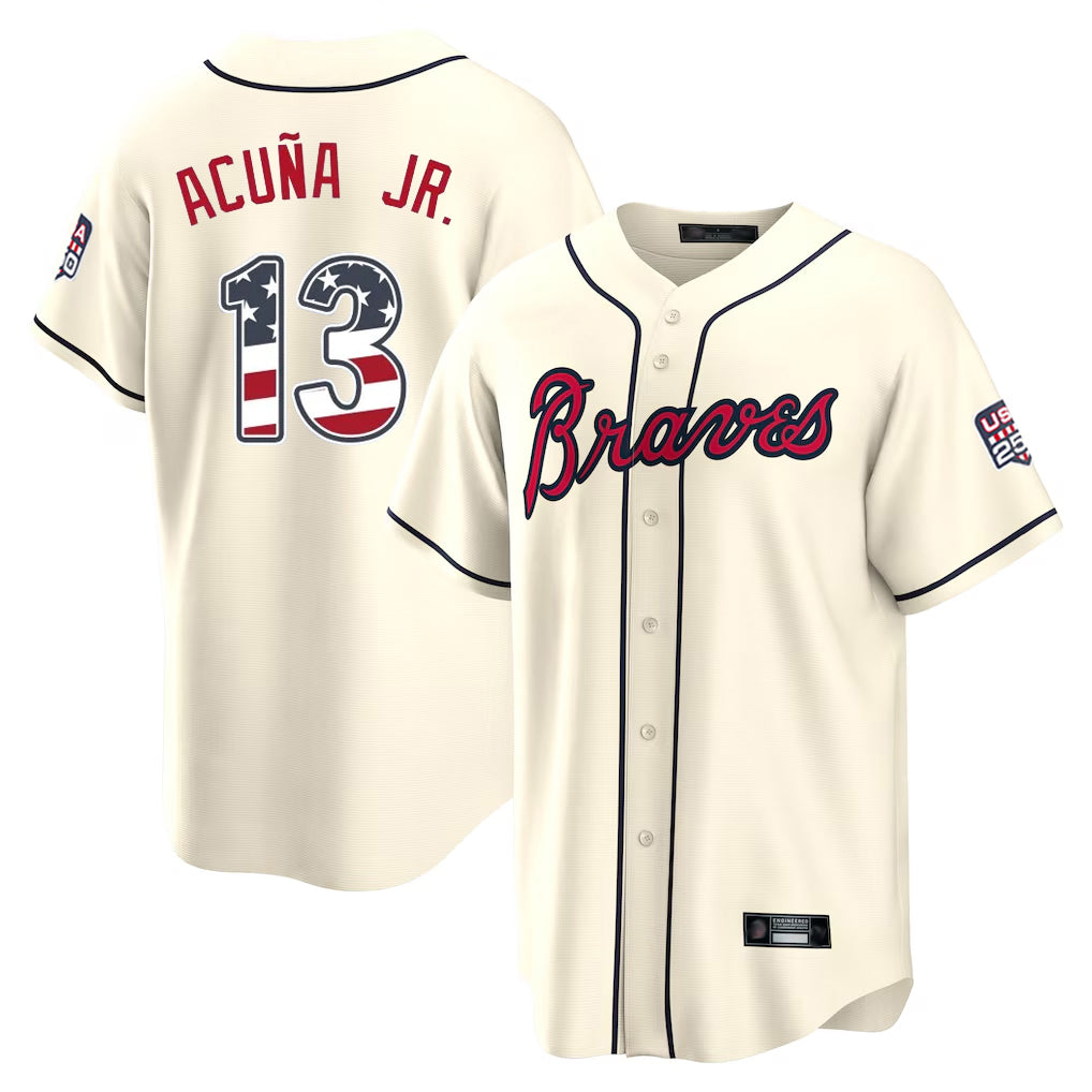 Atlanta Braves #13 Ronald Acuna Jr Player Cream Fedasgoge USA 250 Fourth Of July Limited Home Game Stitched Jerseys