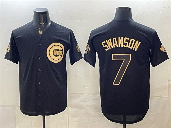Chicago Cubs #7 Dansby Swanson Black Gold Fedasgoge 150th Anniversary Patch Stitched Jersey