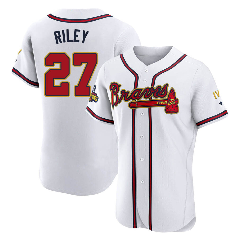 Atlanta Braves #27 Austin Riley Player White Gold Fedasgoge Limited Elite Home Game Stitched Jerseys