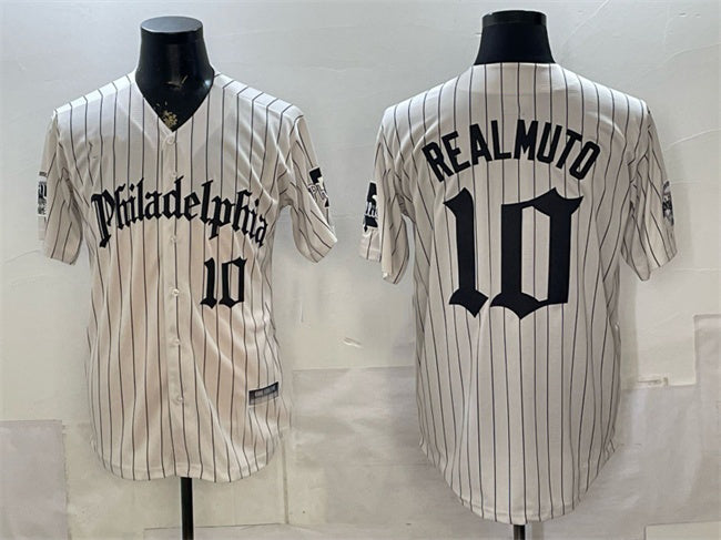 Philadelphia Phillies #10 J.T. Realmuto Cream Fedasgoge Pinstripe Gothic Vapor Limited Stitched Jersey