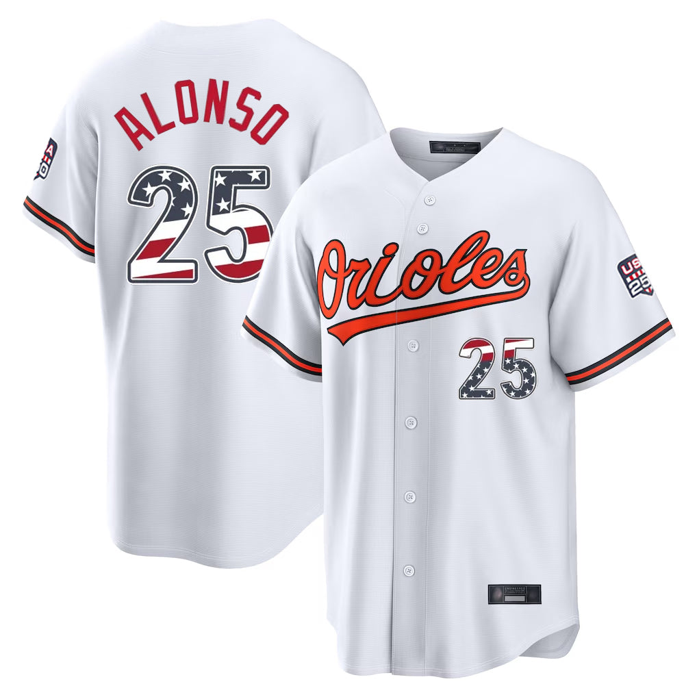 Baltimore Orioles #25 Pete Alonso Player White Fedasgoge USA 250 Fourth of July Home Game Stitched Jerseys