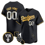 Custom Los Angeles Dodgers Vin & California Patch Gold Trim Vapor Premier Limited Jersey ¨C All Stitched-Black Fedasgoge