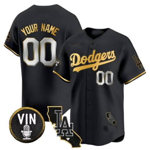 Custom Los Angeles Dodgers Vin & California Patch Gold Trim Vapor Premier Limited Jersey ¨C All Stitched-Black Fedasgoge