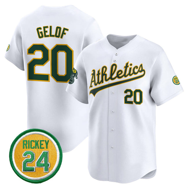 Oakland Athletics #20 Zack Gelof White Fedasgoge 2024 Home Limited With Rickey Henderson Patch Stitched Jersey
