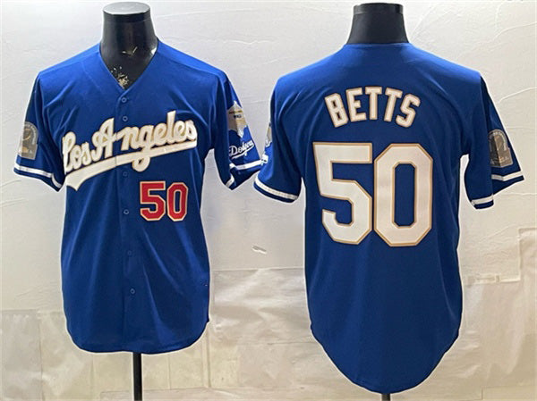 Los Angeles Dodgers #50 Mookie Betts Royal Fedasgoge 2026 Gold Collection 9x & B2B Champs Patch Stitched Jersey