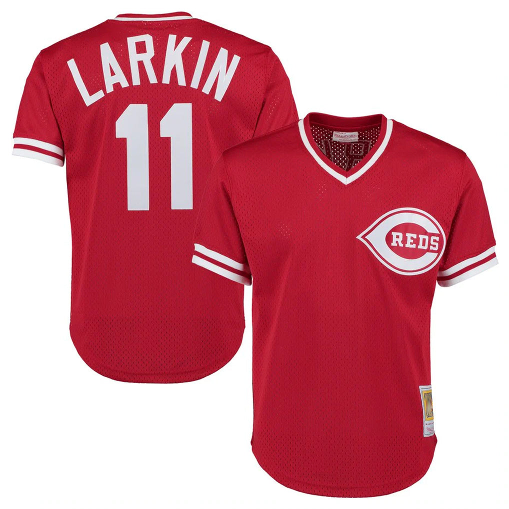 Cincinnati Reds #11 Barry Larkin Player Red Fedasgoge Mitchell & Ness Throwback Cooperstown Mesh T-shirt Game Stitched Jerseys