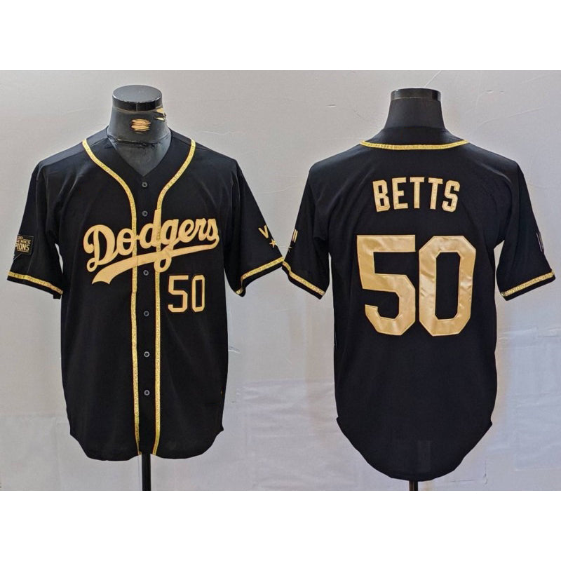 Los Angeles Dodgers #50 Mookie Betts Number Black Gold Fedasgoge World Series Champions Cool Base Stitched Jersey
