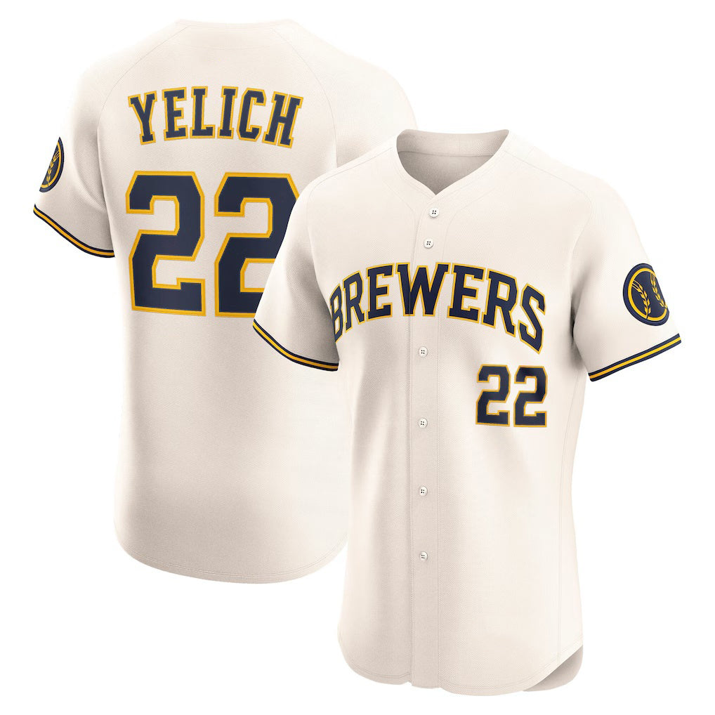 Milwaukee Brewers #22 Christian Yelich Cream Fedasgoge Home Elite Player Jersey
