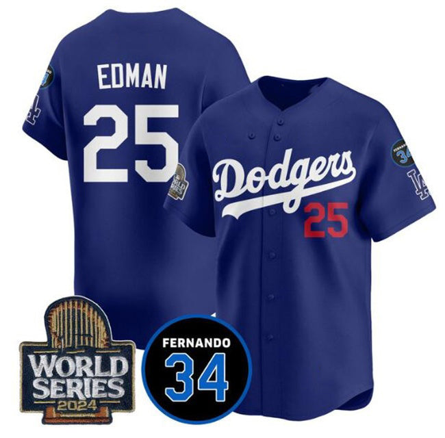Los Angeles Dodgers #25 Tommy Edman Royal Fedasgoge 2024 World Series With Fernando Memorial Patch Alternate Limited Stitched Jersey