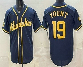Milwaukee Brewers #19 Robin Yount Navy Blue Fedasgoge Stitched Cool Base Jersey