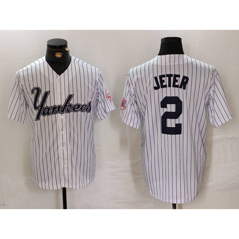 New York Yankees #2 Derek Jeter White Fedasgoge Pinstripe Fashion Cool Base Jersey 3