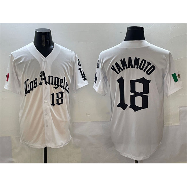 Los Angeles Dodgers #18 Yoshinobu Yamamoto White Fedasgoge Mexico 2025 LA Gothic Style With Fernando Patch Vapor Premier Limited Stitched Jersey