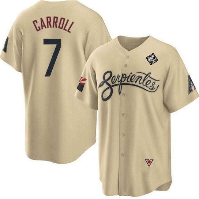 Arizona Diamondbacks #7 Corbin Carroll Gold Fedasgoge 2023 World Series City Connect Cool Base Stitched Jersey