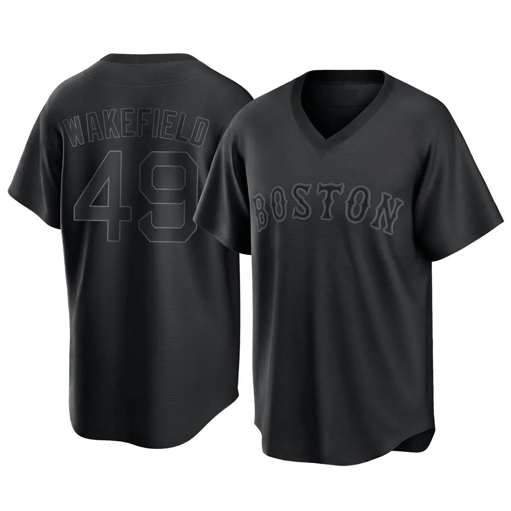Boston Red Sox #49 Tim Wakefield Player Black Fedasgoge T-shirt Home Game Stitched Jerseys