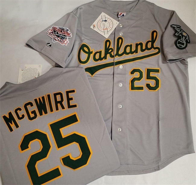 Oakland Athletics #25 Mark McGwire Grey With Green Fedasgoge Elephant & 1989 World Series Patch Battle of the Bay Stitched Jersey
