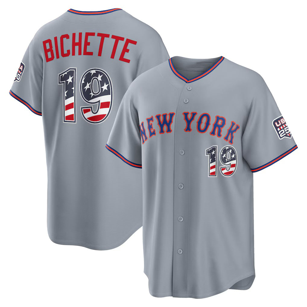 New York Mets #19 Bo Bichette USA 250 Fourth of July Road Stadium Jersey - Gray Fedasgoge