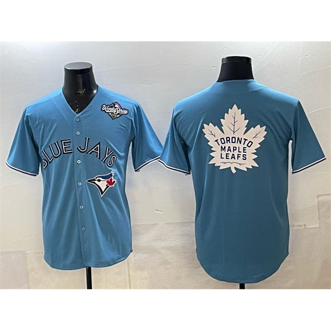 Toronto Blue Jays & Leafs Blue Fedasgoge 2025 World Series With White Leafs Logo Cool Base Stitched Jersey
