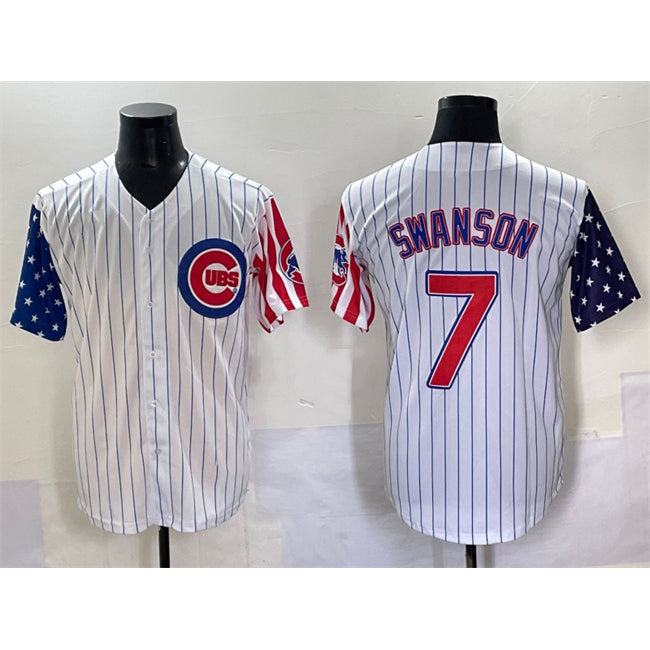Chicago Cubs #7 Dansby Swanson White Fedasgoge Pinstripe 2025 Independence Day Vapor Premier Limited Stitched Jersey