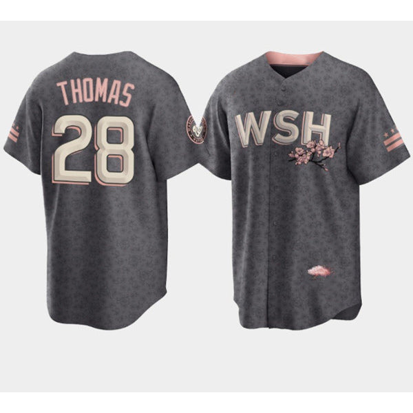 Washington Nationals #28 Lane Thomas 2022 Grey Fedasgoge City Connect Cherry Blossom Cool Base Stitched Jersey