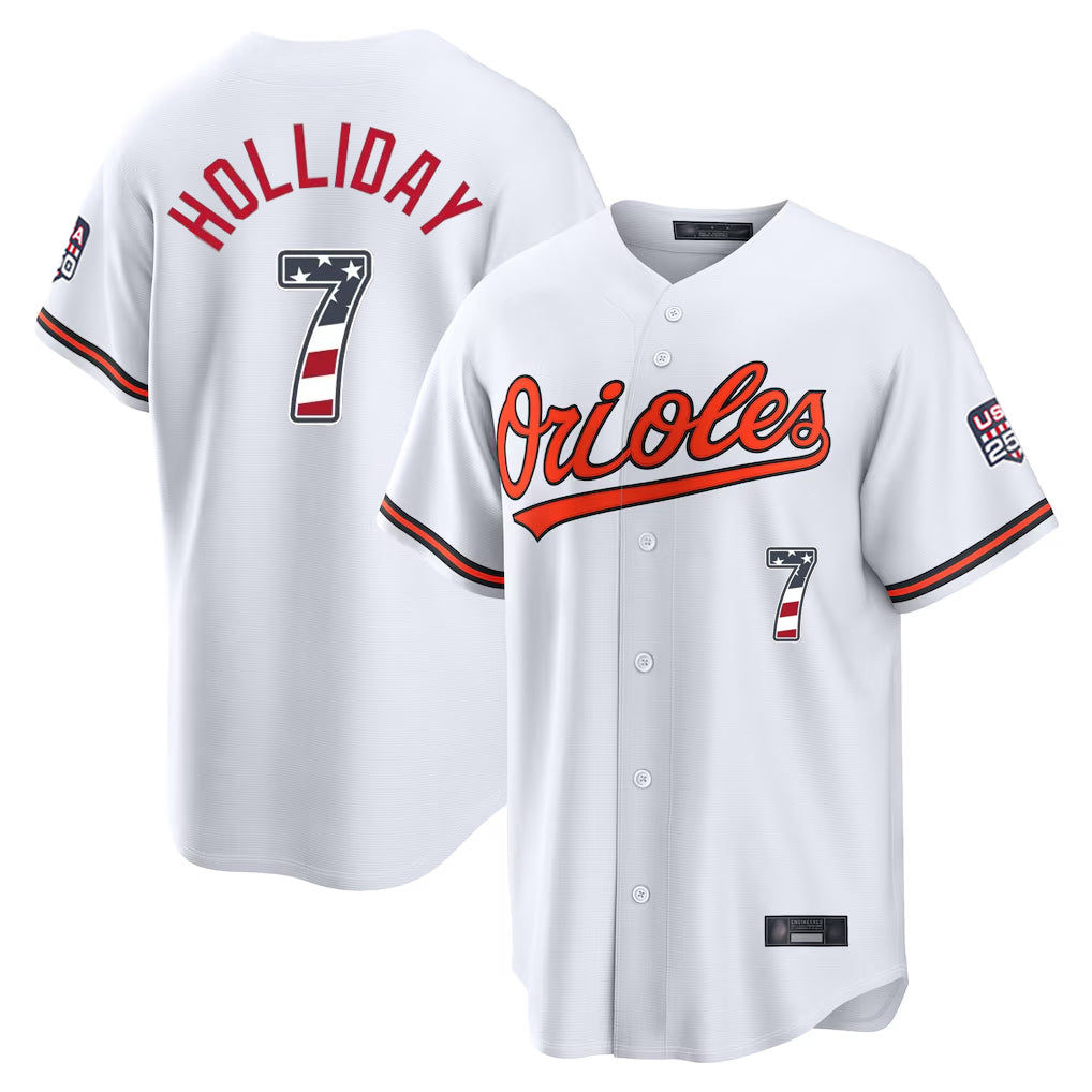 Baltimore Orioles #7 Jackson Holliday Player White Fedasgoge USA 250 Fourth of July Home Game Stitched Jerseys