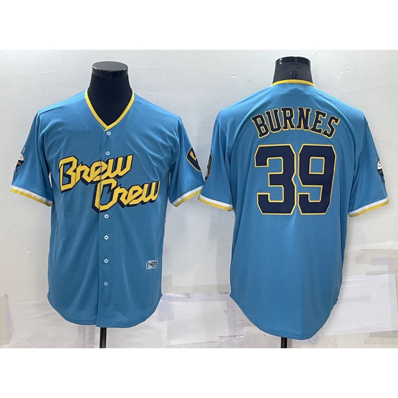 Milwaukee Brewers #39 Corbin Burnes Blue Fedasgoge 2022 City Connect Cool Base Stitched Jersey