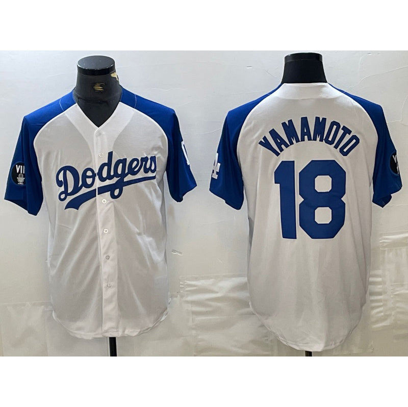Los Angeles Dodgers #18 Yoshinobu Yamamoto White Blue Fedasgoge Fashion Stitched Cool Base Limited Jerseys