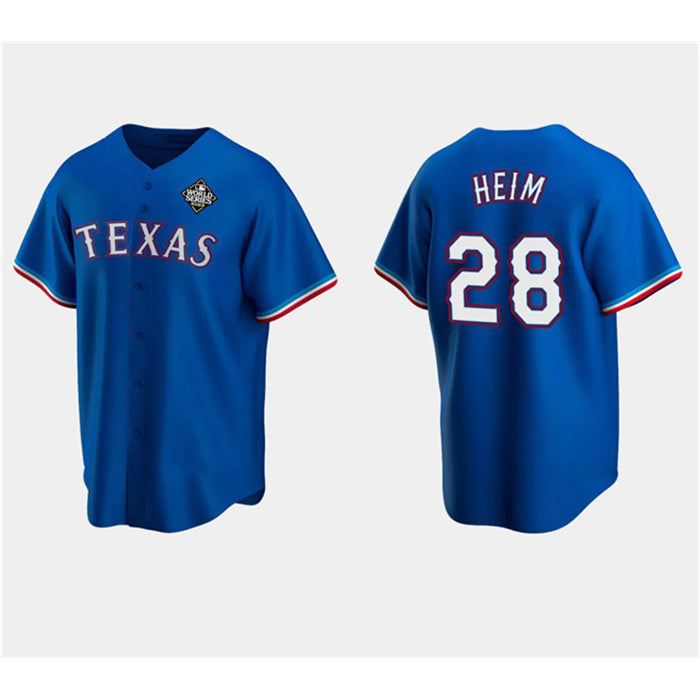 Texas Rangers #28 Jonah Heim Royal Fedasgoge 2023 World Series Stitched Jersey