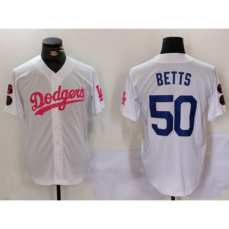 Los Angeles Dodgers #50 Mookie Betts White Pink Fedasgoge Vin & Kobe Patch Stitched Jersey1