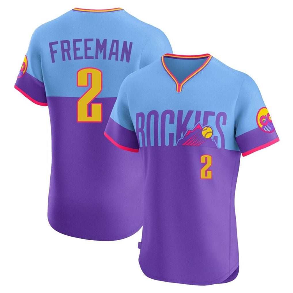 Colorado Rockies #2 Tyler Freeman Player Purple-Light Blue Fedasgoge City Connect Limited Elite Home T-shirt Stitched Jerseys