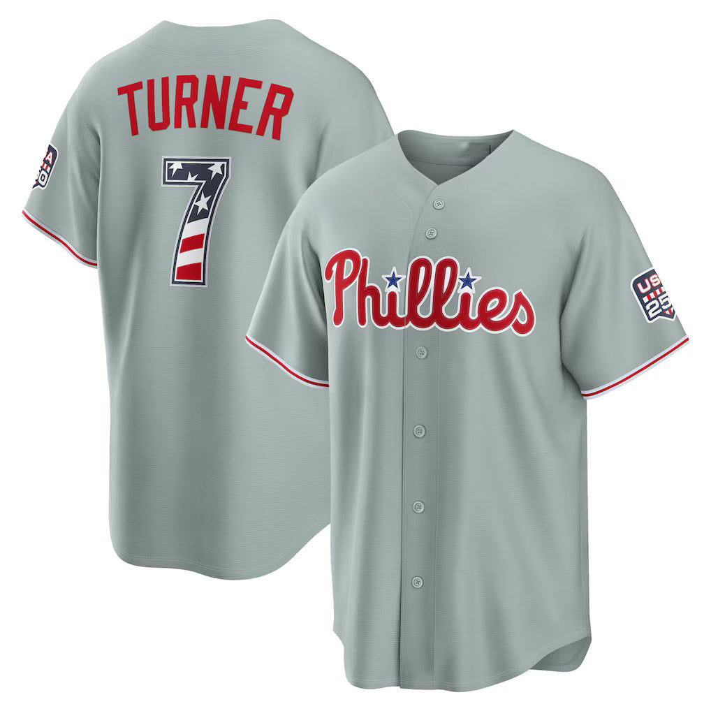 Philadelphia Phillies #7 Trea Turner USA 250 Fourth of July Road Stadium Jersey - Gray Fedasgoge