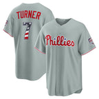 Philadelphia Phillies #7 Trea Turner USA 250 Fourth of July Road Stadium Jersey - Gray Fedasgoge
