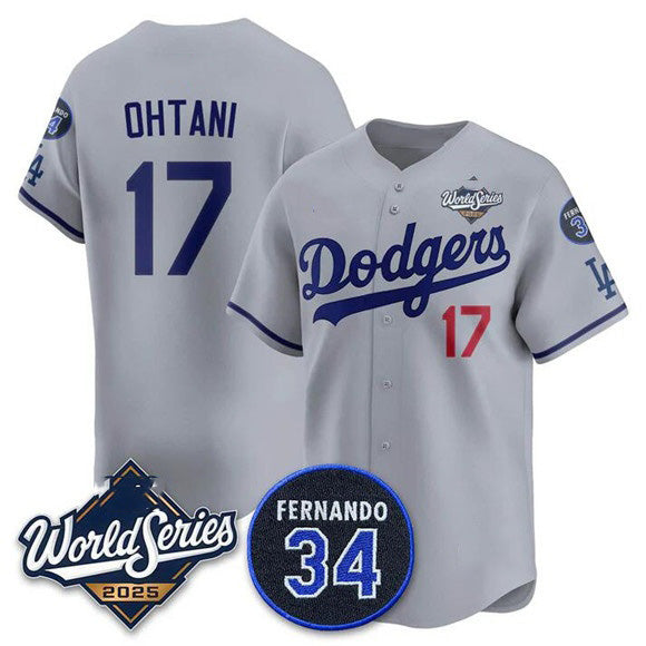 Los Angeles Dodgers #17 Shohei Ohtani Gray Fedasgoge 2025 World Series With No. 34 Patch Limited Stitched Jersey