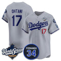 Los Angeles Dodgers #17 Shohei Ohtani Gray Fedasgoge 2025 World Series With No. 34 Patch Limited Stitched Jersey