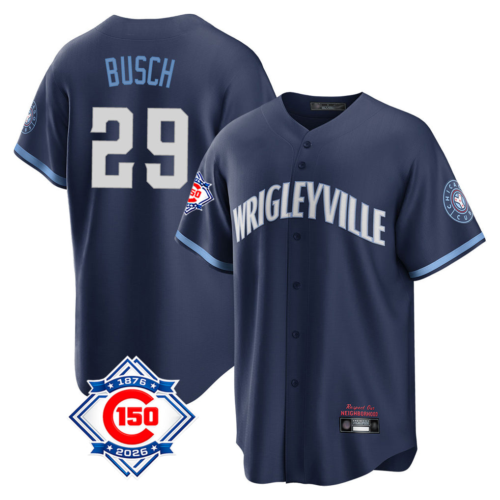 Chicago Cubs #29 Michael Busch Player Navy Fedasgoge 150th Anniversary City Connect Home Game Stitched Jerseys