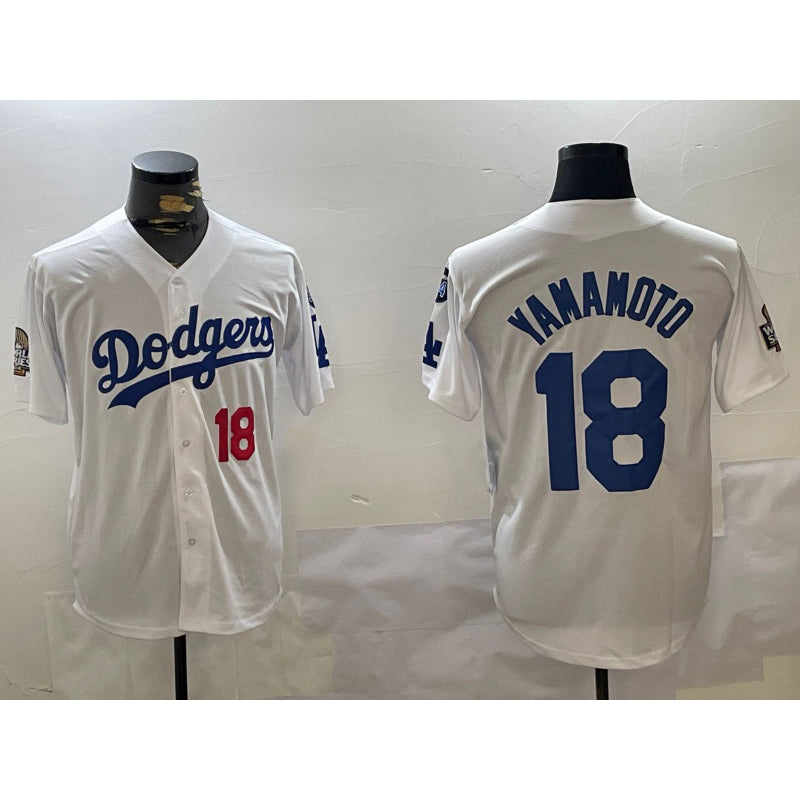 Los Angeles Dodgers #18 Yoshinobu Yamamoto White Fedasgoge 2024 World Series With Fernando Memorial Patch Home Limited Stitched Jerseys