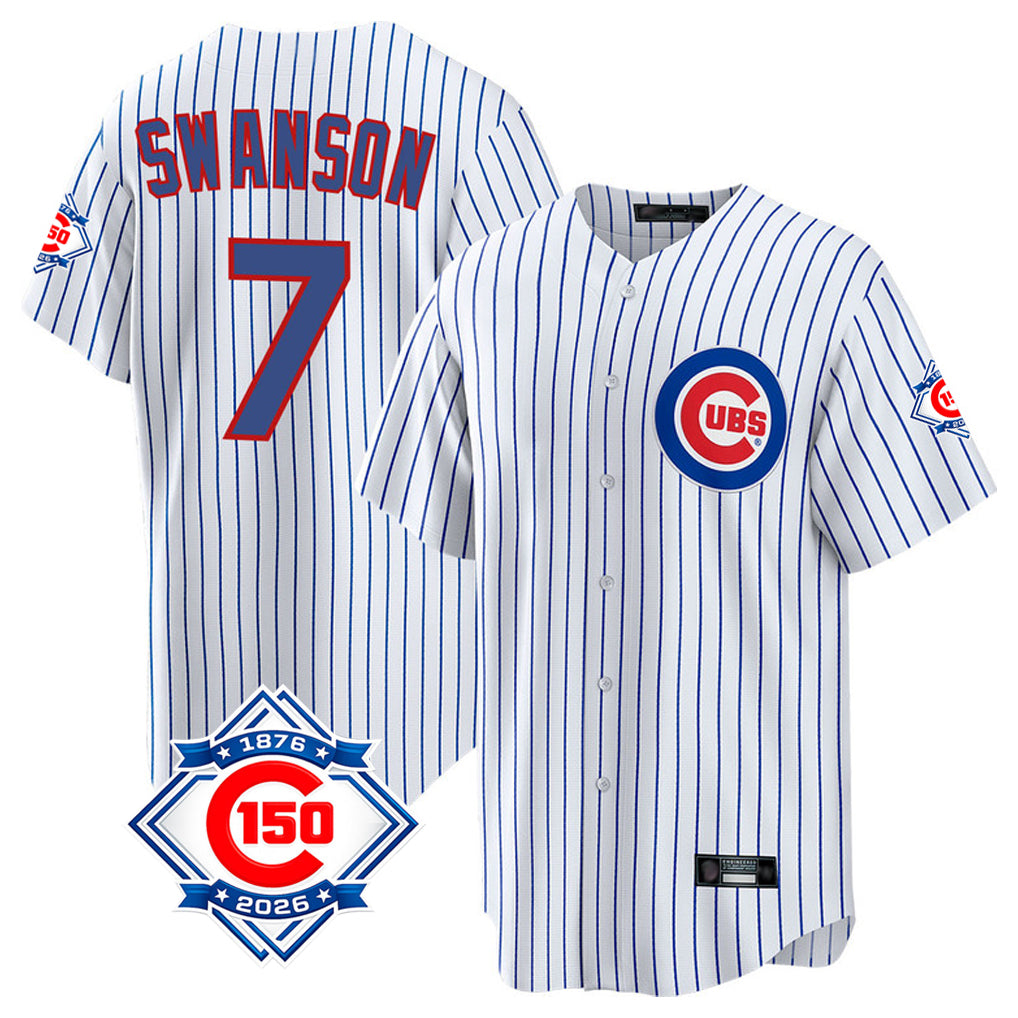 Chicago Cubs #7 Dansby Swanson Player White Fedasgoge 150th Anniversary Home Game Stitched Jerseys