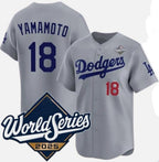 Los Angeles Dodgers #18 Yoshinobu Yamamoto Gray Fedasgoge 2025 World Series Limited Stitched Jersey