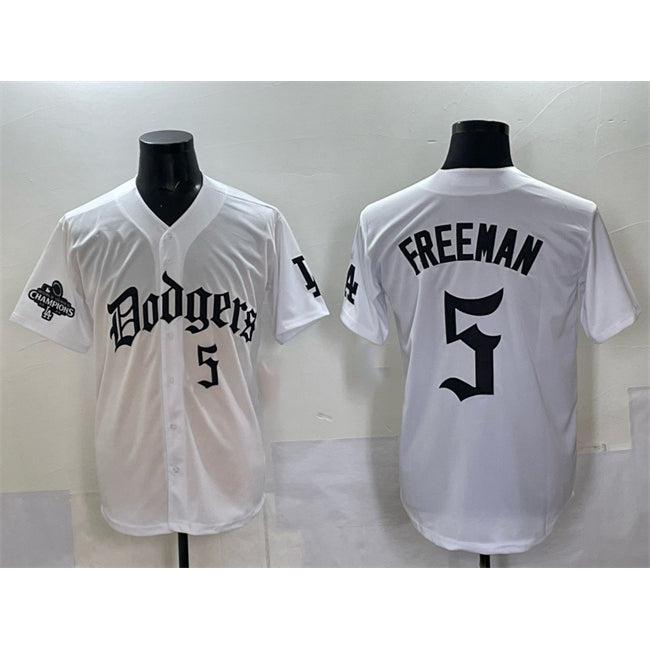 Los Angeles Dodgers #5 Freddie Freeman White Fedasgoge 2025 LA Gothic Style With 2024 World Series Champions Patch Vapor Premier Limited Stitched Jersey